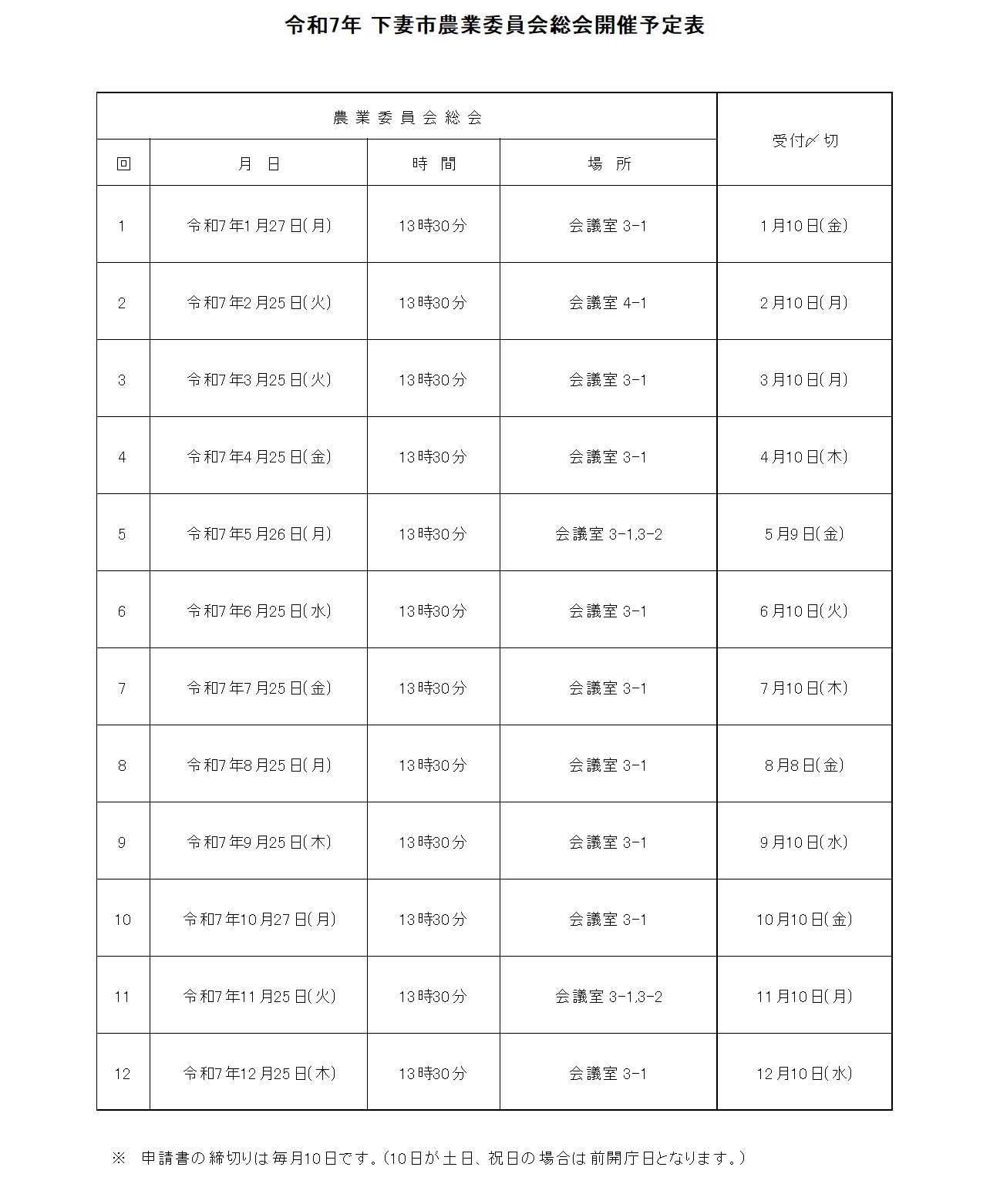 R5下妻市農業委員会総会開催予定表